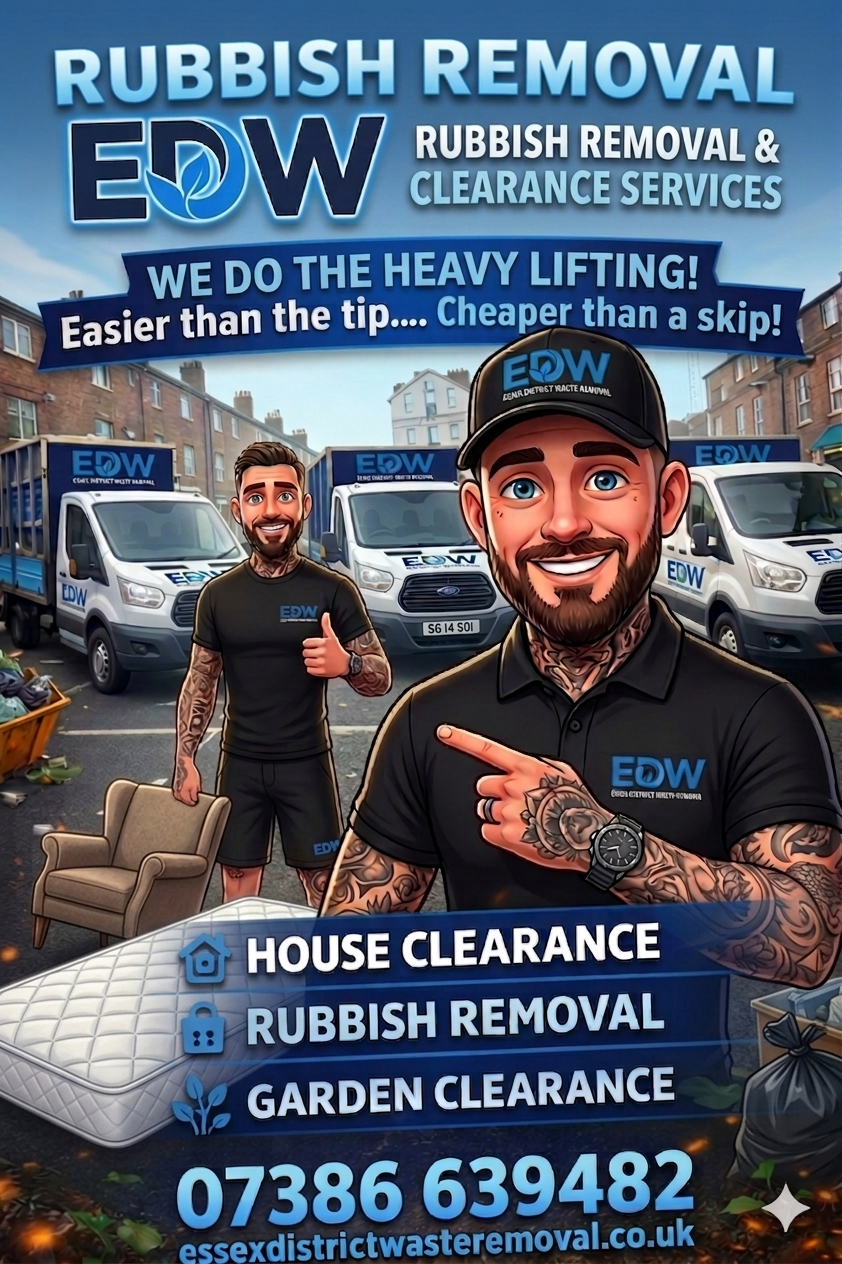 Two-man EDW waste removal team loading a Luton van outside a Southend-on-Sea house during a man-and-van waste clearance